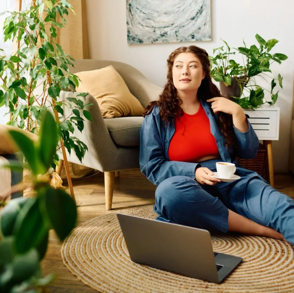 Woman relaxing at home with coffee after a telehealth session